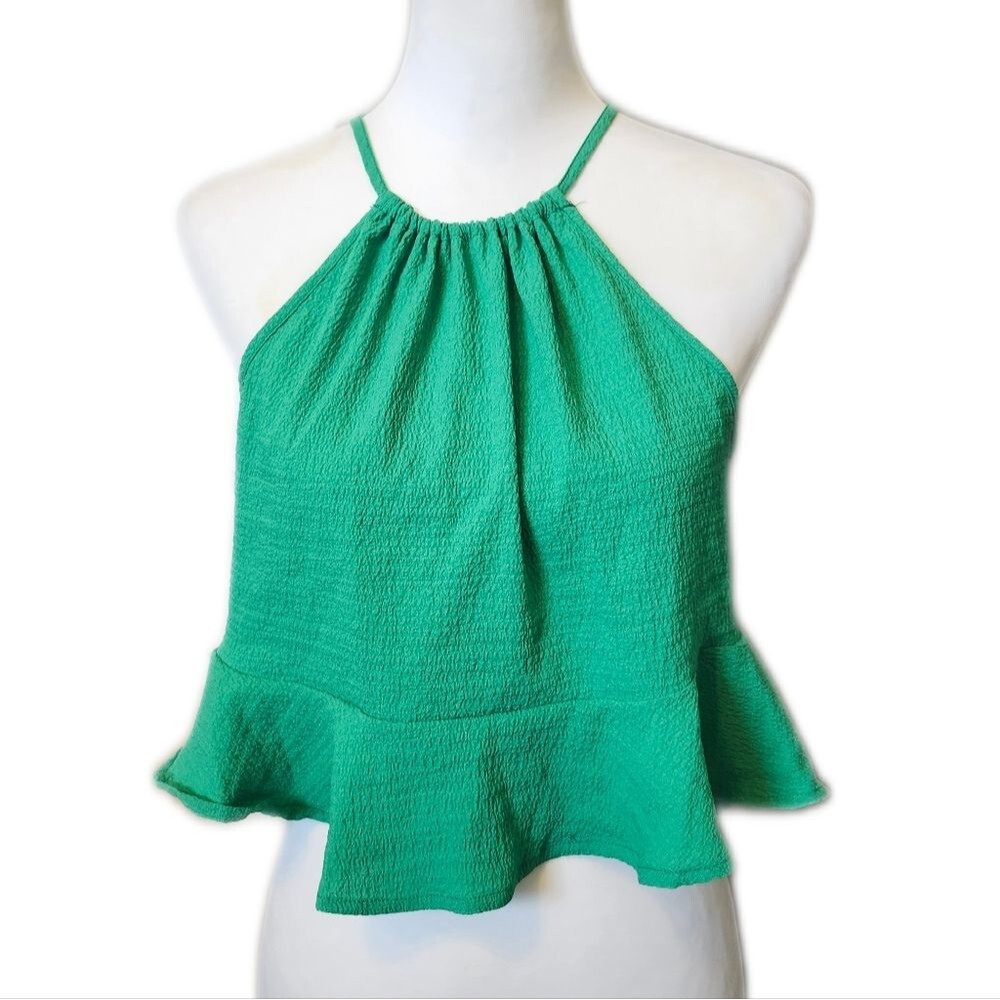 5/$55 Shein Green Tie Neck Halter Blouse With Ruffle, Cropped, Hi Lo, L